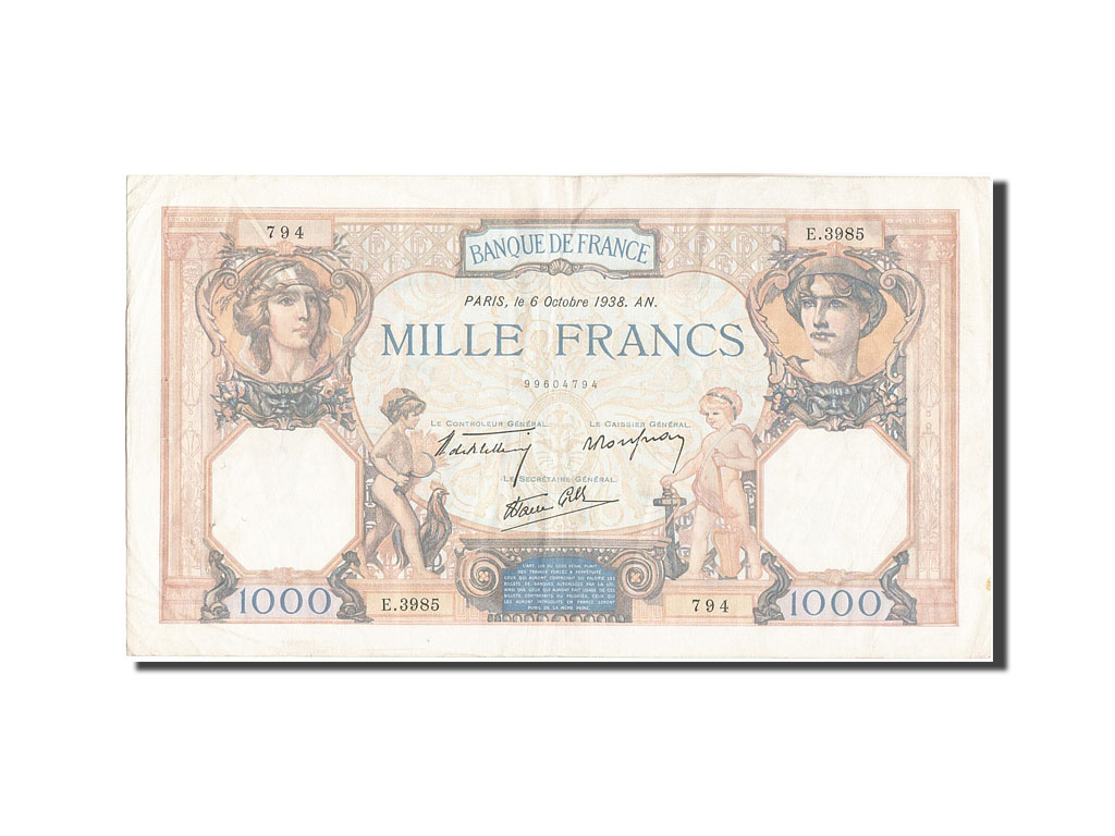Banknote, France, 1000 Francs, 1 000 F 1927-1940 ''Cérès et Mercure'', 1938