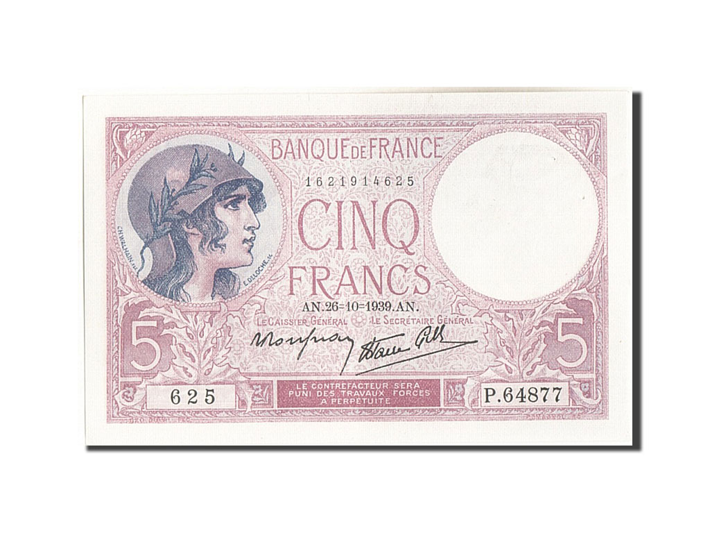 Banknote, France, 5 Francs, 5 F 1917-1940 ''Violet'', 1939, 1939-10-26