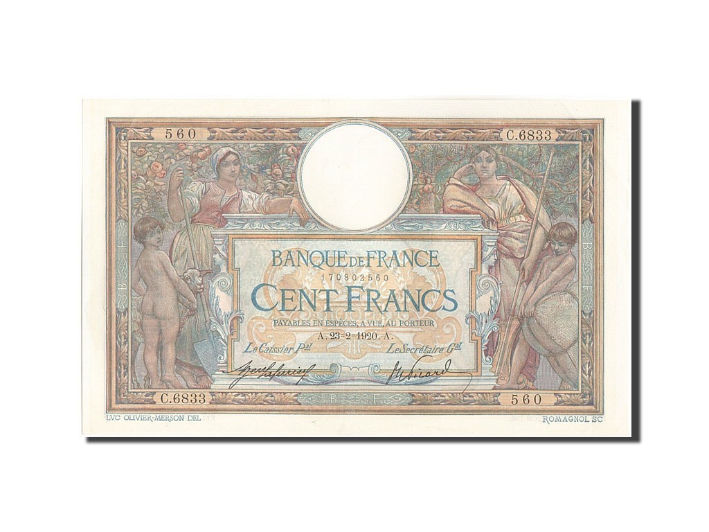 Biljet, Frankrijk, 100 Francs, 100 F 1908-1939 ''Luc Olivier Merson'', 1920