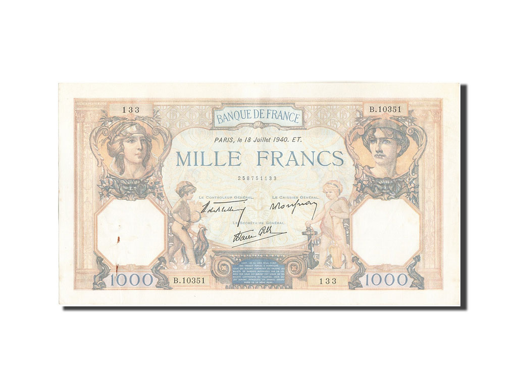 Banknote, France, 1000 Francs, 1 000 F 1927-1940 ''Cérès et Mercure'', 1940
