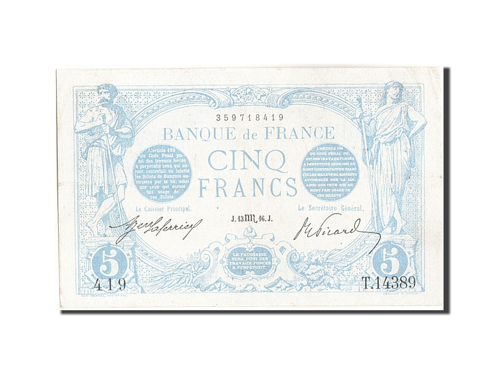 Banknote, France, 5 Francs, 5 F 1912-1917 ''Bleu'', 1916, 1916-10-13, AU(55-58)