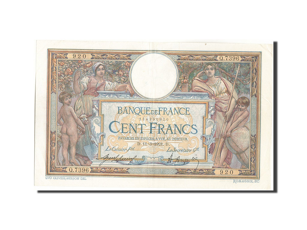 Biljet, Frankrijk, 100 Francs, 100 F 1908-1939 ''Luc Olivier Merson'', 1921