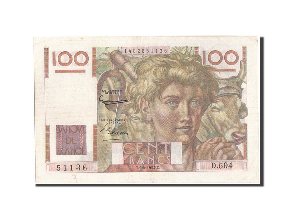 Biljet, Frankrijk, 100 Francs, 100 F 1945-1954 ''Jeune Paysan'', 1954