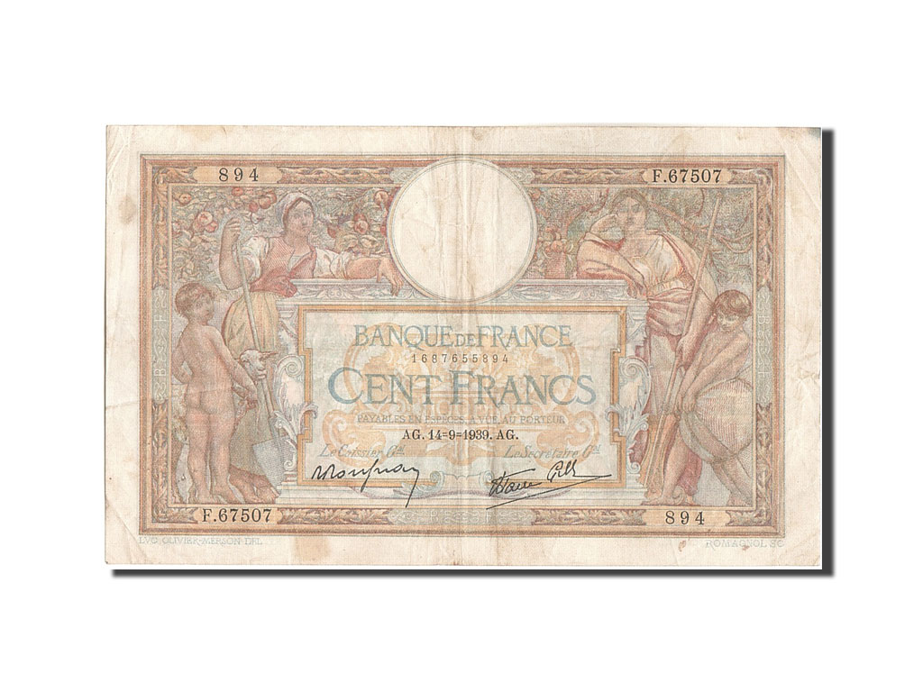 Biljet, Frankrijk, 100 Francs, 100 F 1908-1939 ''Luc Olivier Merson'', 1939