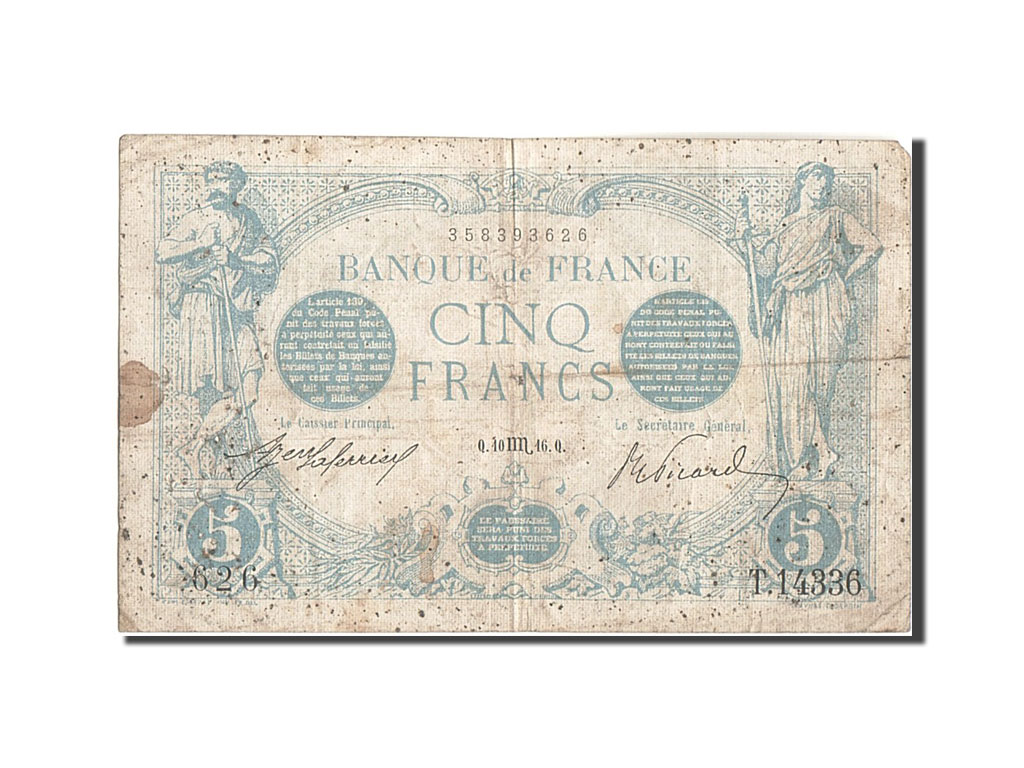 Banknote, France, 5 Francs, 5 F 1912-1917 ''Bleu'', 1916, 1916-10-10, VF(20-25)