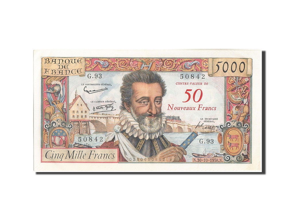 Banknote, France, 50 Nouveaux Francs on 5000 Francs, 5 000 F 1957-1958 ''Henri