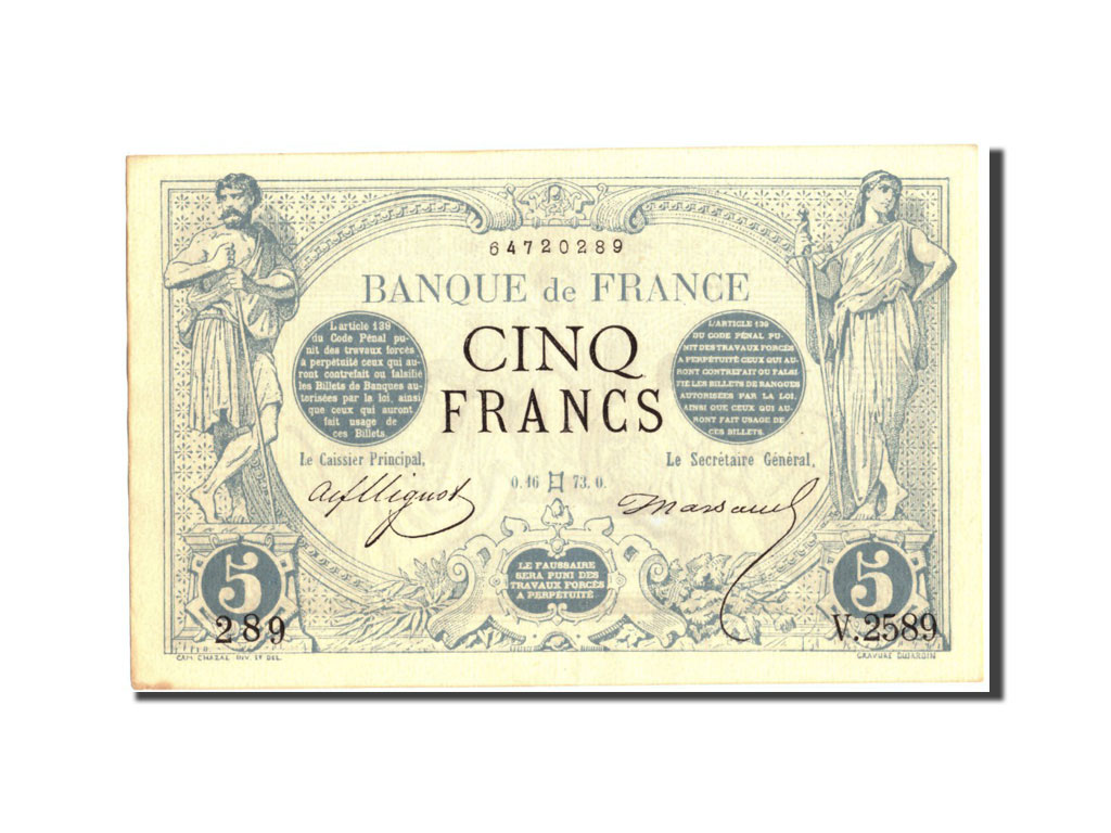 Banknote, France, 5 Francs, 5 F 1871-1874 ''Noir'', 1873, 1873-05-16, AU(50-53)