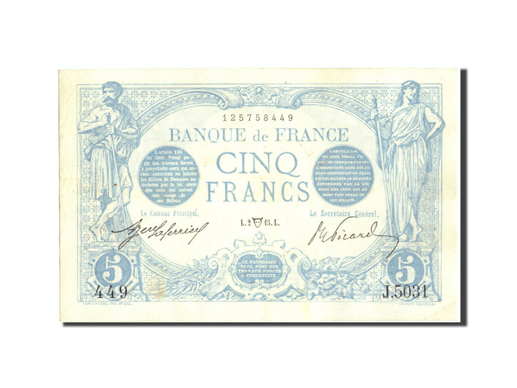 Banknote, France, 5 Francs, 5 F 1912-1917 ''Bleu'', 1915, 1915-04-02, AU(55-58)