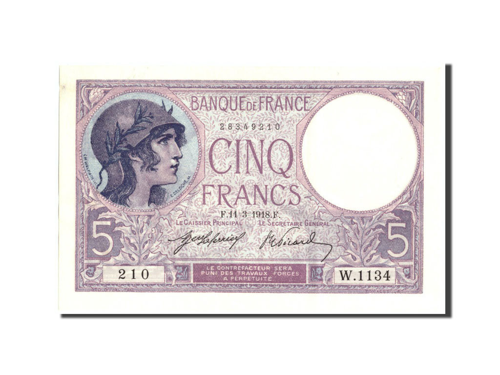 Banknote, France, 5 Francs, 5 F 1917-1940 ''Violet'', 1918, 1918-03-11, UNC(63)
