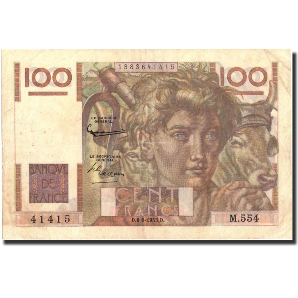 Banknote, France, 100 Francs, 100 F 1945-1954 ''Jeune Paysan'', 1953