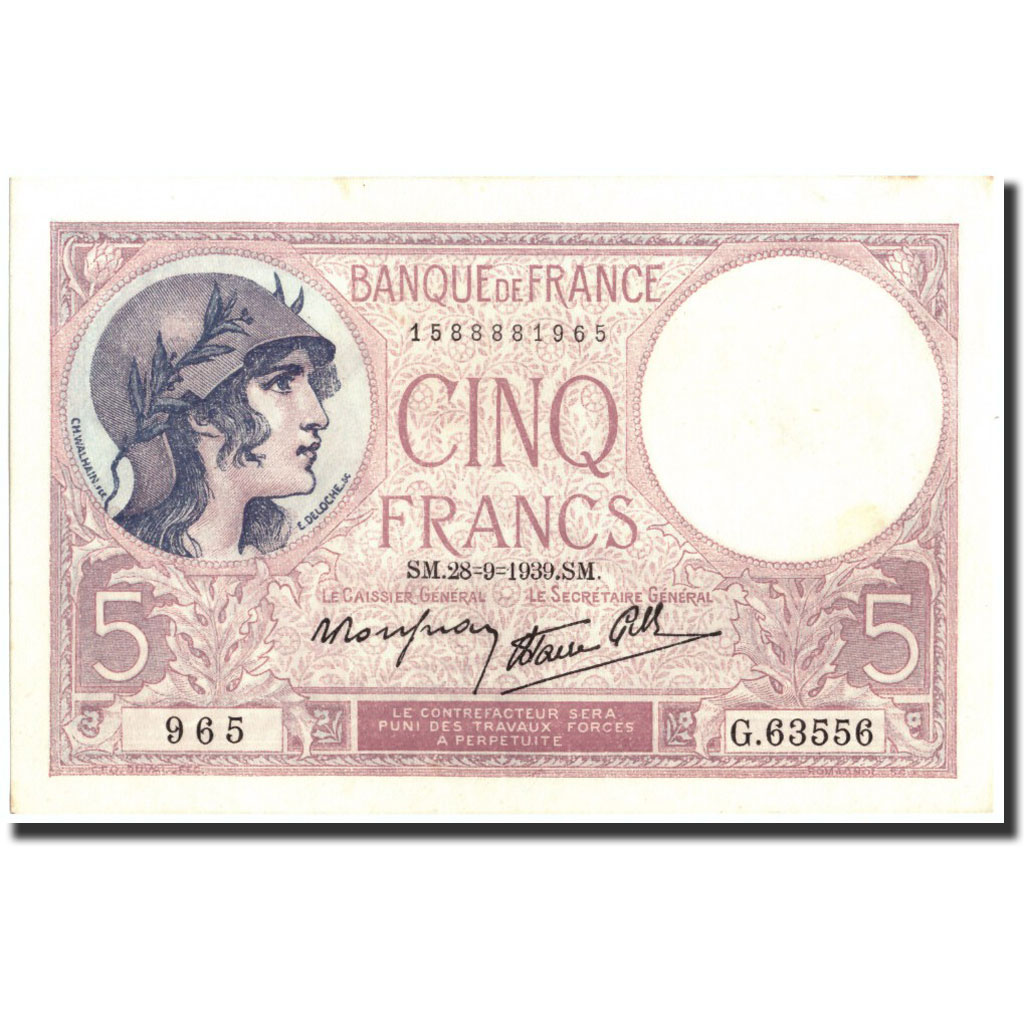 Banknote, France, 5 Francs, 5 F 1917-1940 ''Violet'', 1939, 1939-09-28