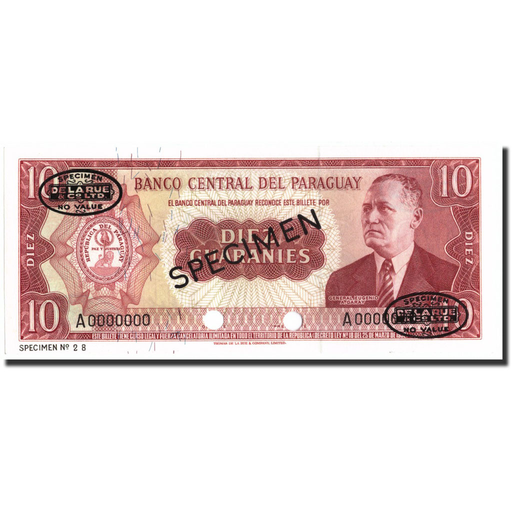Banknote, Paraguay, 10 Guaranies, 1952, Specimen TDLR, KM:196s, UNC(65-70)