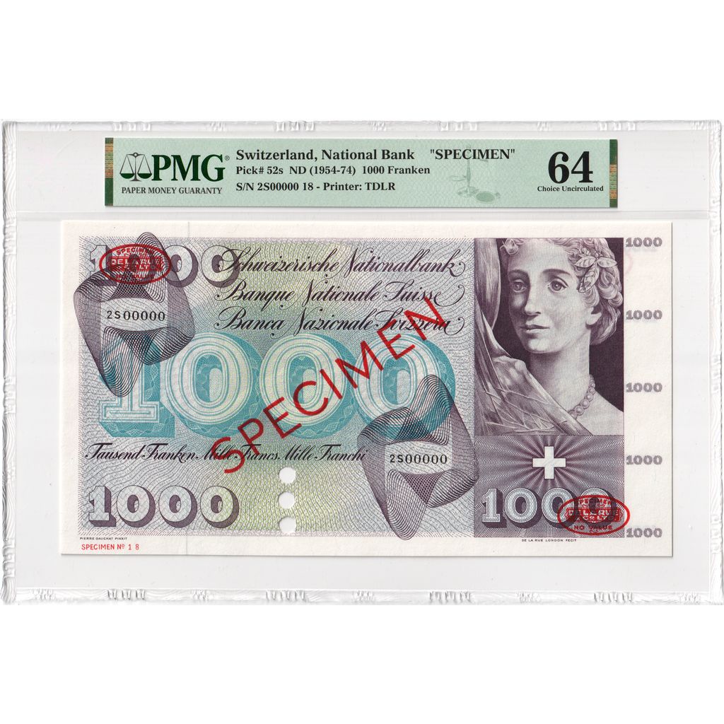 Banknote, Switzerland, 1000 Franken, Specimen TDLR, KM:52s, UNC(65-70)