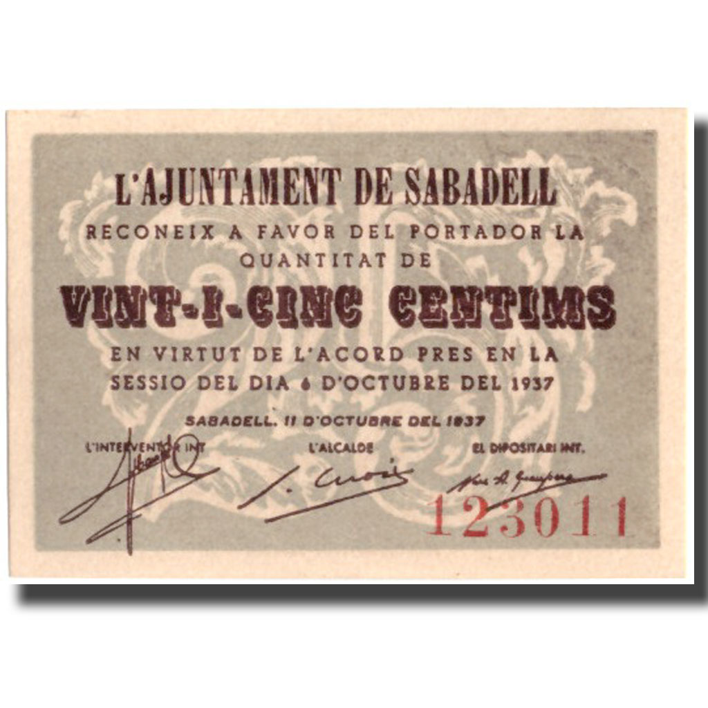 Banknote, Spain, 25 Centimos, Batiment, SABADELL, 1937, 1937, UNC(65-70)