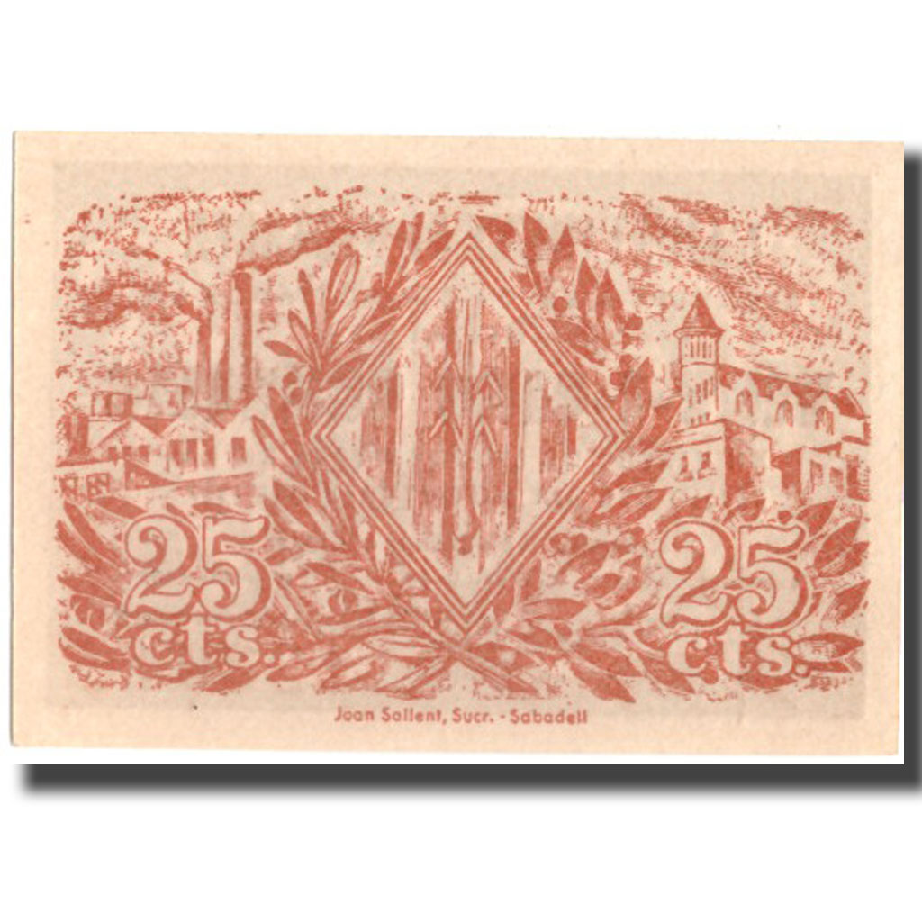 Banknote, Spain, 25 Centimos, Batiment, SABADELL, 1937, 1937, UNC(65-70)