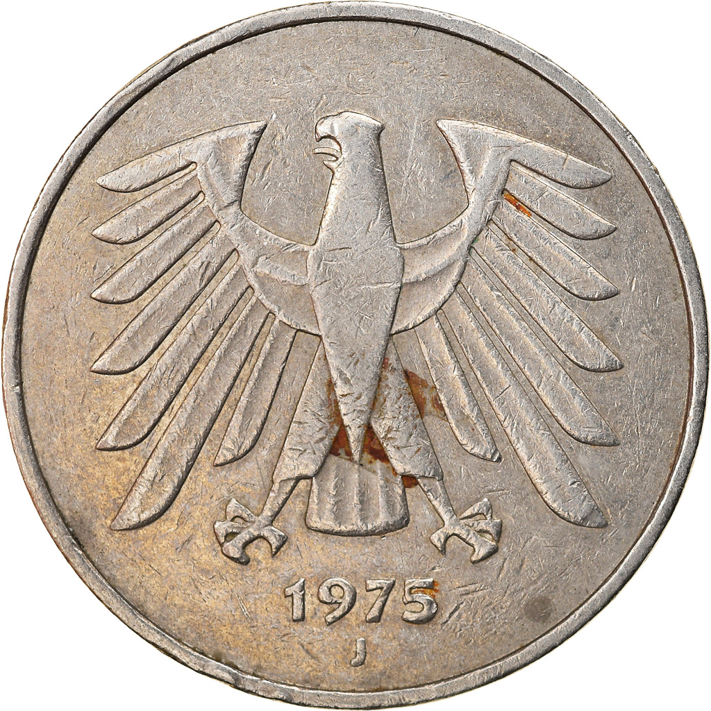 GERMANY - FEDERAL REPUBLIC, 5 Mark, 1975, Hambourg, , Copper-Nickel