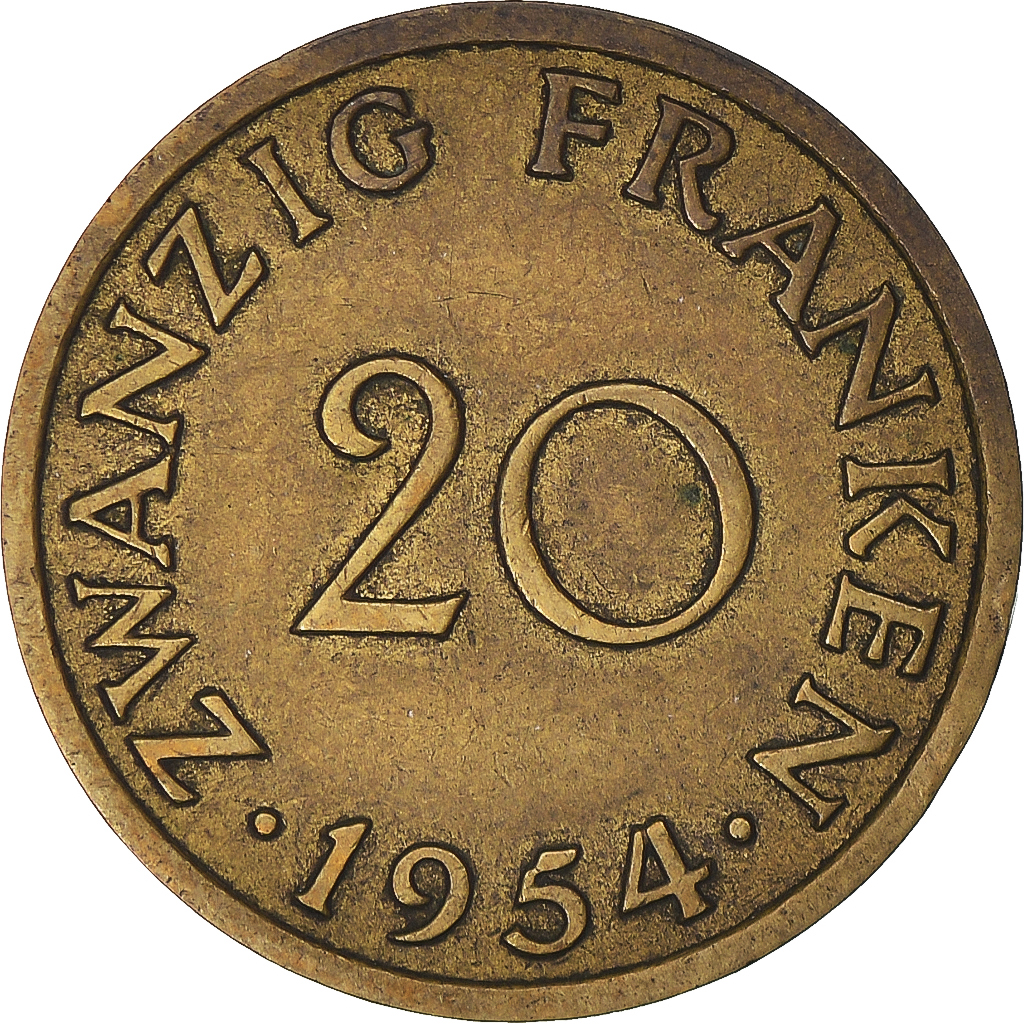 Coin, SAARLAND, 20 Franken, 1954, Paris, , Aluminum-Bronze, KM:2