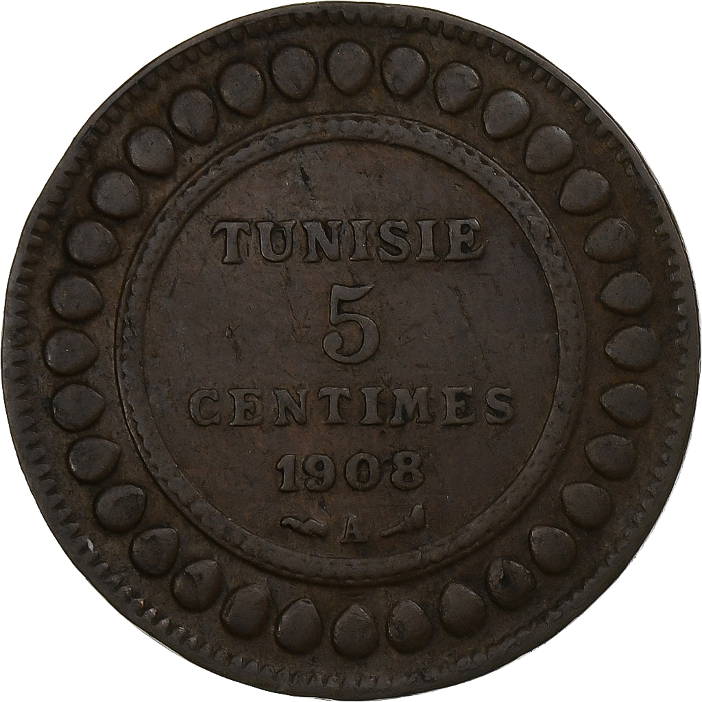 Tunisia, Muhammad al-Nasir Bey, 5 Centimes, 1908, Paris, Bronze, EF