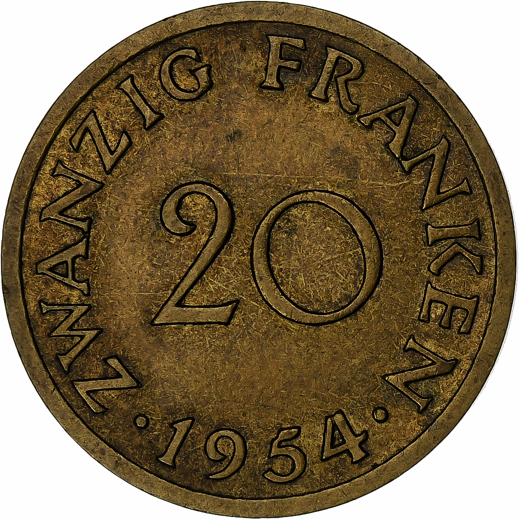 SAARLAND, 20 Franken, 1954, Paris, Aluminum-Bronze, , KM:2