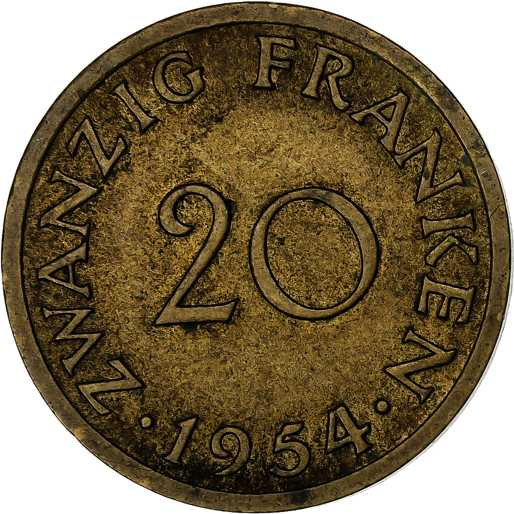 SAARLAND, 20 Franken, 1954, Paris, Aluminum-Bronze, , KM:2
