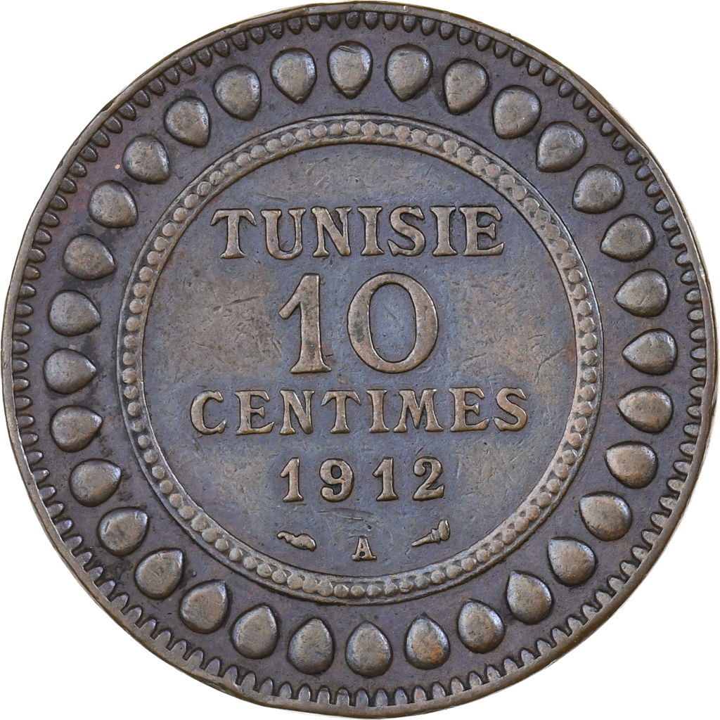Tunisia, Muhammad al-Nasir Bey, 10 Centimes, 1912, Paris, Bronze, EF