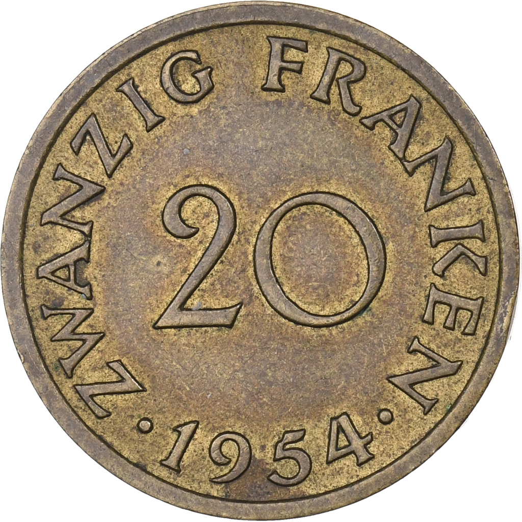 SAARLAND, 20 Franken, 1954, Paris, Aluminum-Bronze, , KM:2