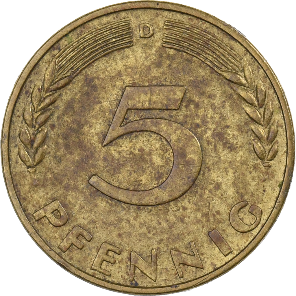 GERMANY - FEDERAL REPUBLIC, 5 Pfennig, 1950, Munich, Brass Clad Steel