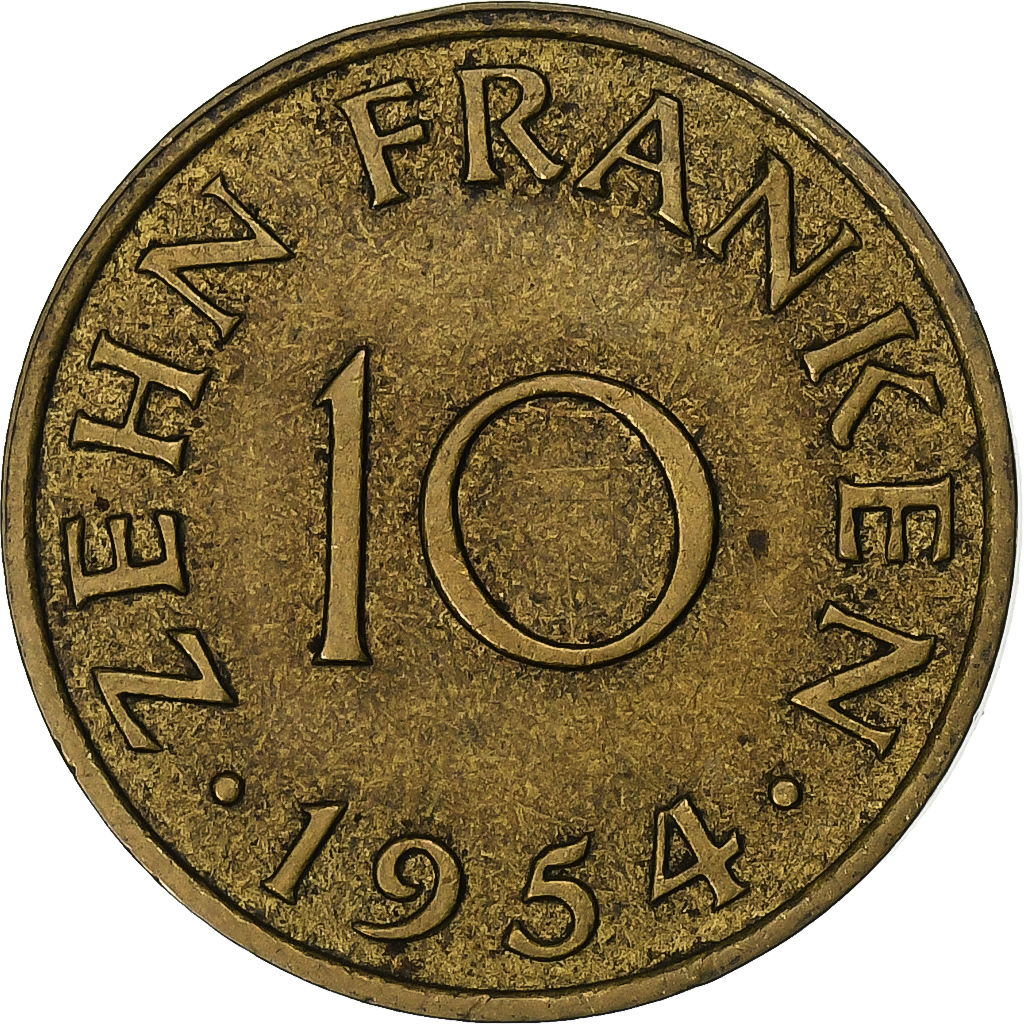 SAARLAND, 10 Franken, 1954, Paris, Aluminum-Bronze, , KM:1