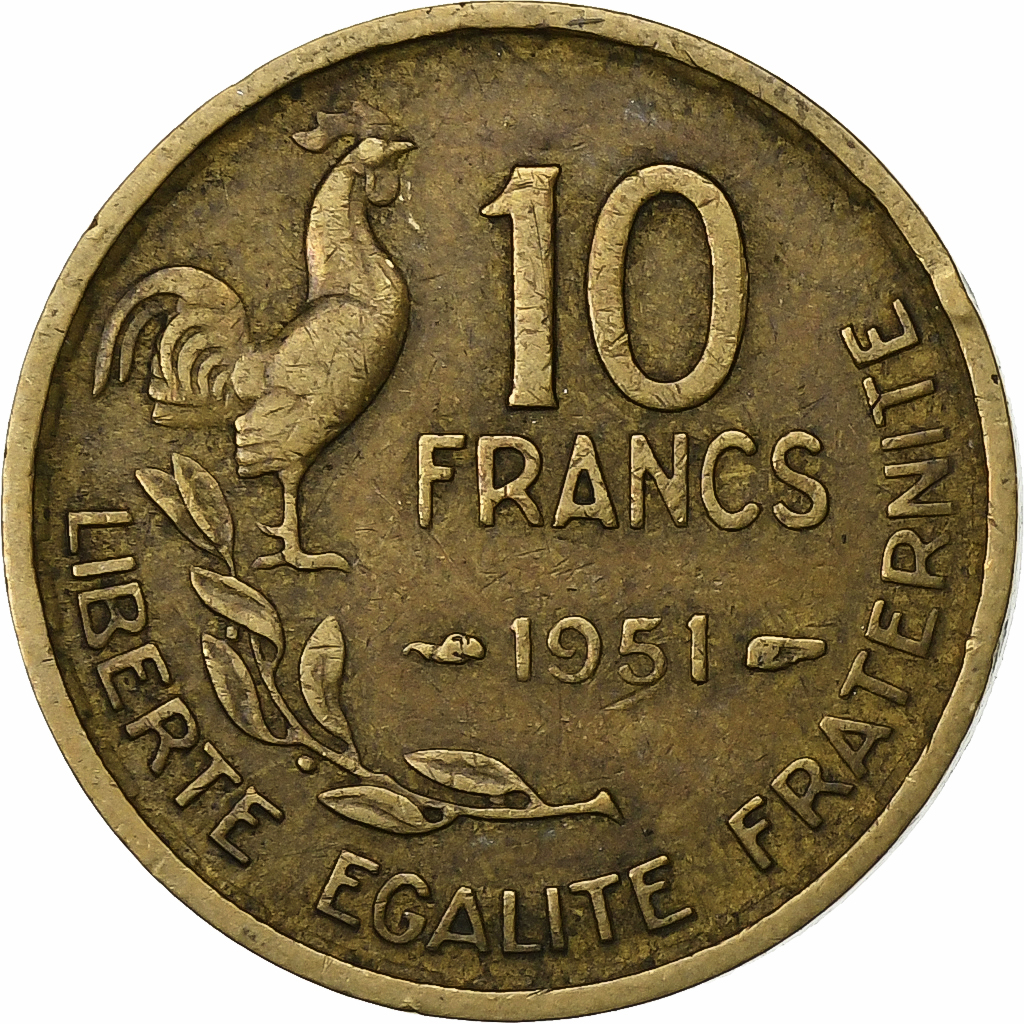 France, 10 Francs, Guiraud, 1951, Paris, Aluminum-Bronze, , KM:915.1