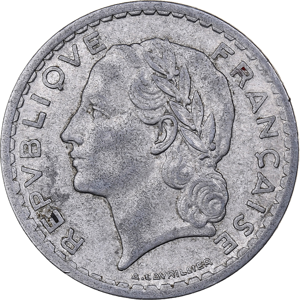France, 5 Francs, Lavrillier, 1945, Paris, Aluminum, , KM:888b.1