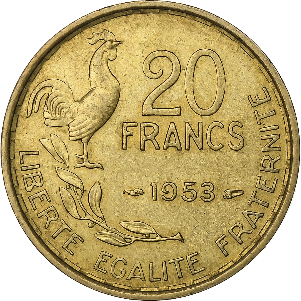 France, 20 Francs, Guiraud, 1953, Paris, Aluminum-Bronze, , KM:917.1