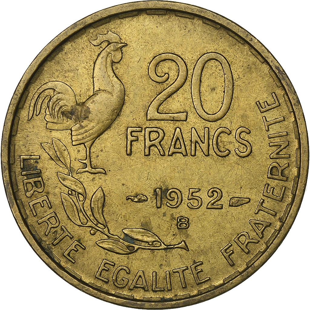France, 20 Francs, Guiraud, 1952, Beaumont - Le Roger, Aluminum-Bronze