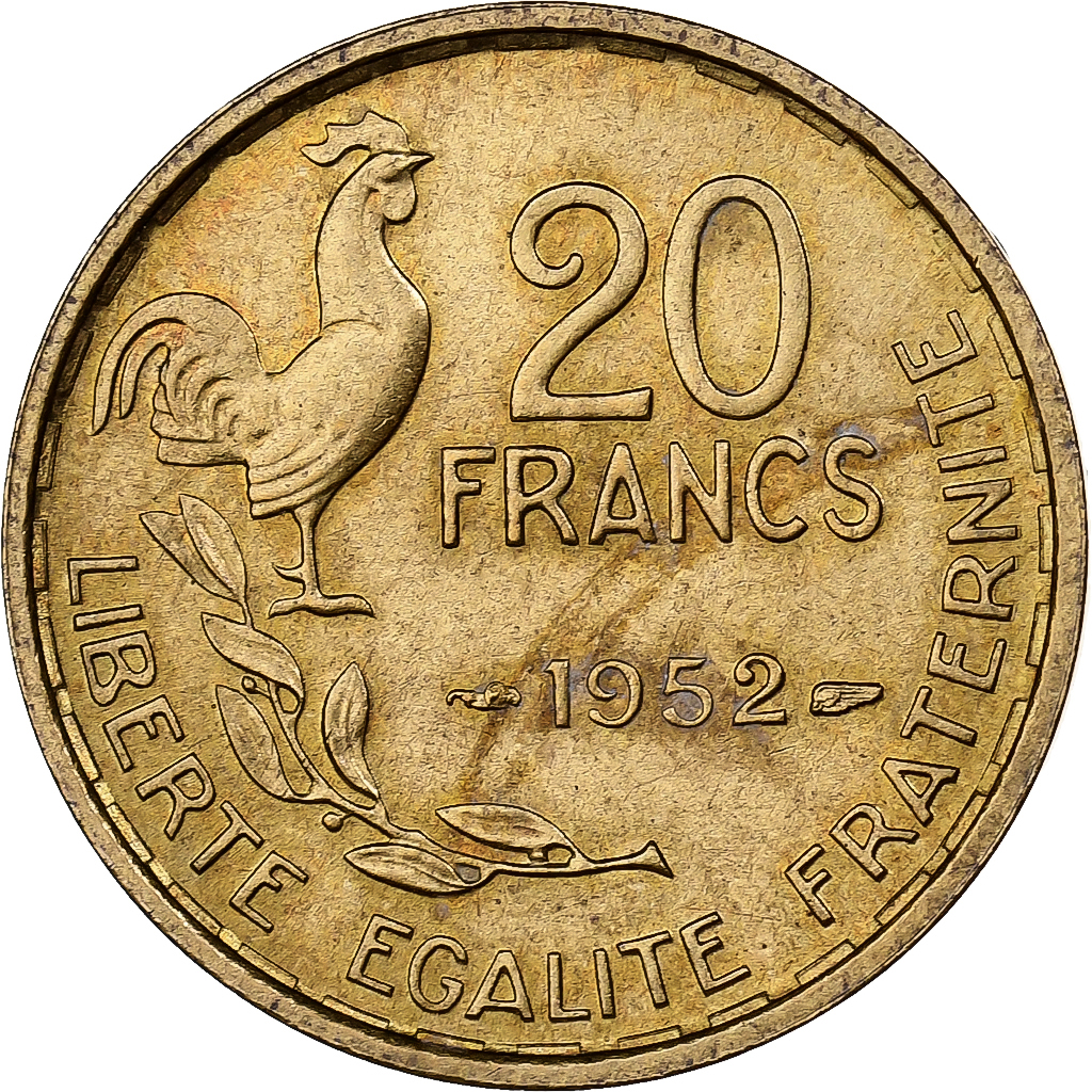 France, 20 Francs, Guiraud, 1952, Paris, Aluminum-Bronze, , KM:917.1