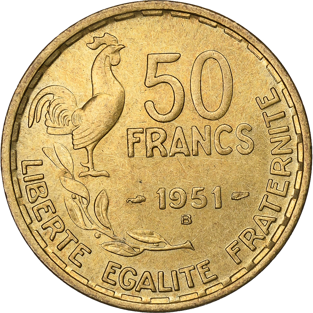France, 50 Francs, Guiraud, 1951, Beaumont - Le Roger, Aluminum-Bronze