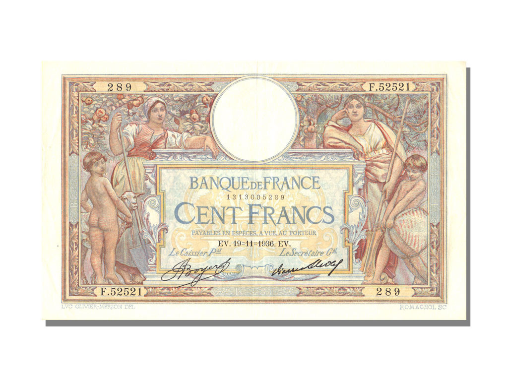 Banknote, France, 100 Francs, 100 F 1908-1939 ''Luc Olivier Merson'', 1936