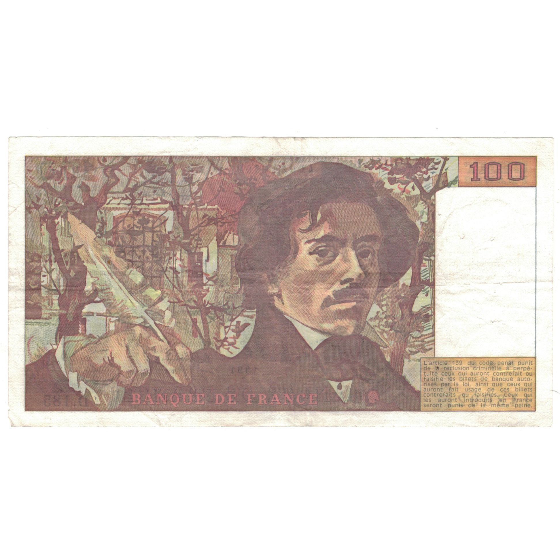 Francia, 100 Francs, Delacroix, 1991, D.185, MBC, Fayette:69.bis.3.b2, KM:154e