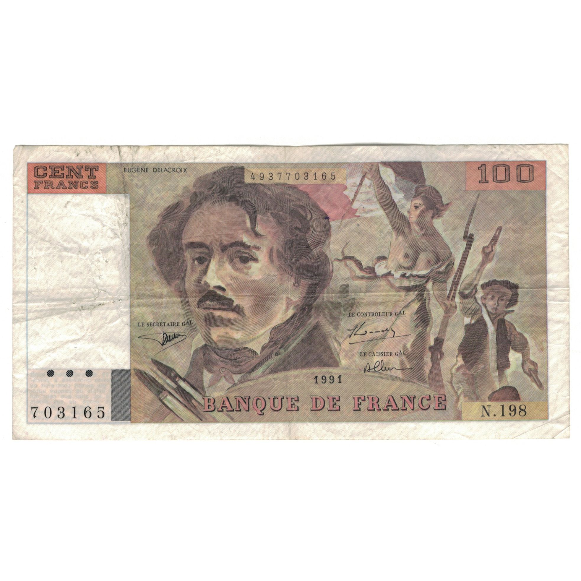 France, 100 Francs, Delacroix, 1991, N.198, VG(8-10), Fayette:69bis.4a, KM:154f