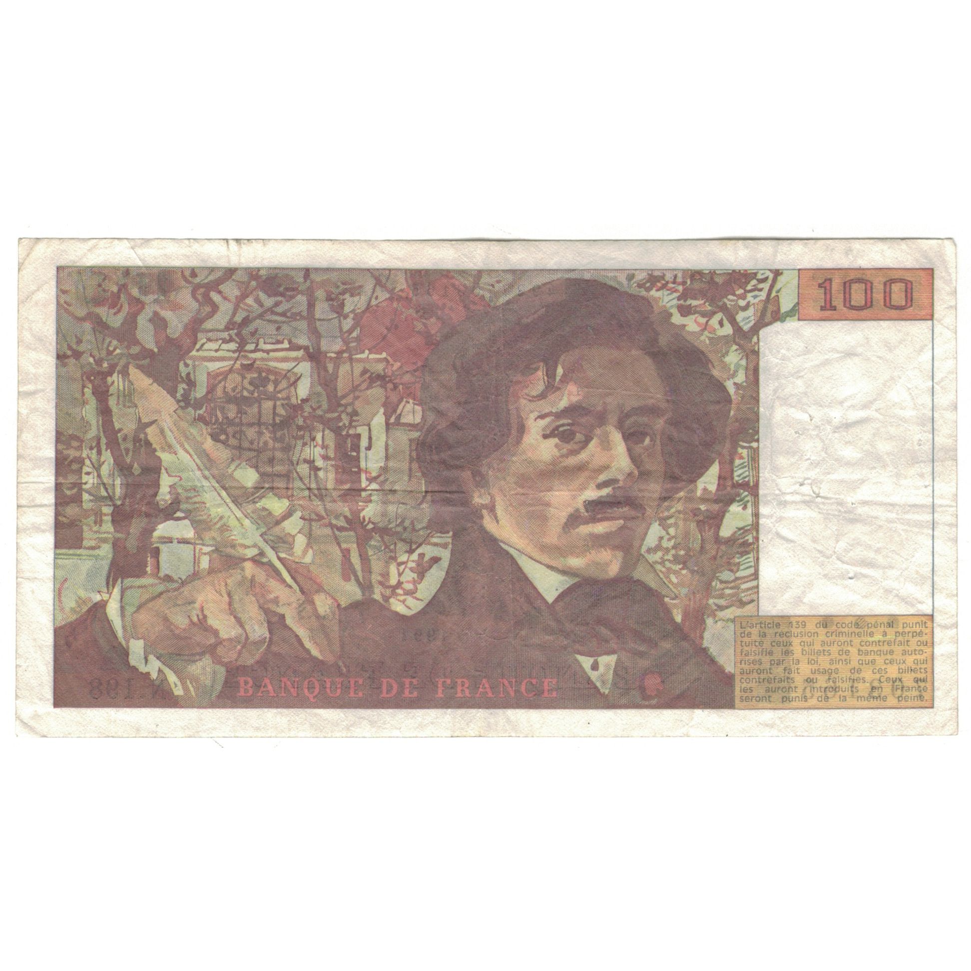 France, 100 Francs, Delacroix, 1991, N.198, VG(8-10), Fayette:69bis.4a, KM:154f