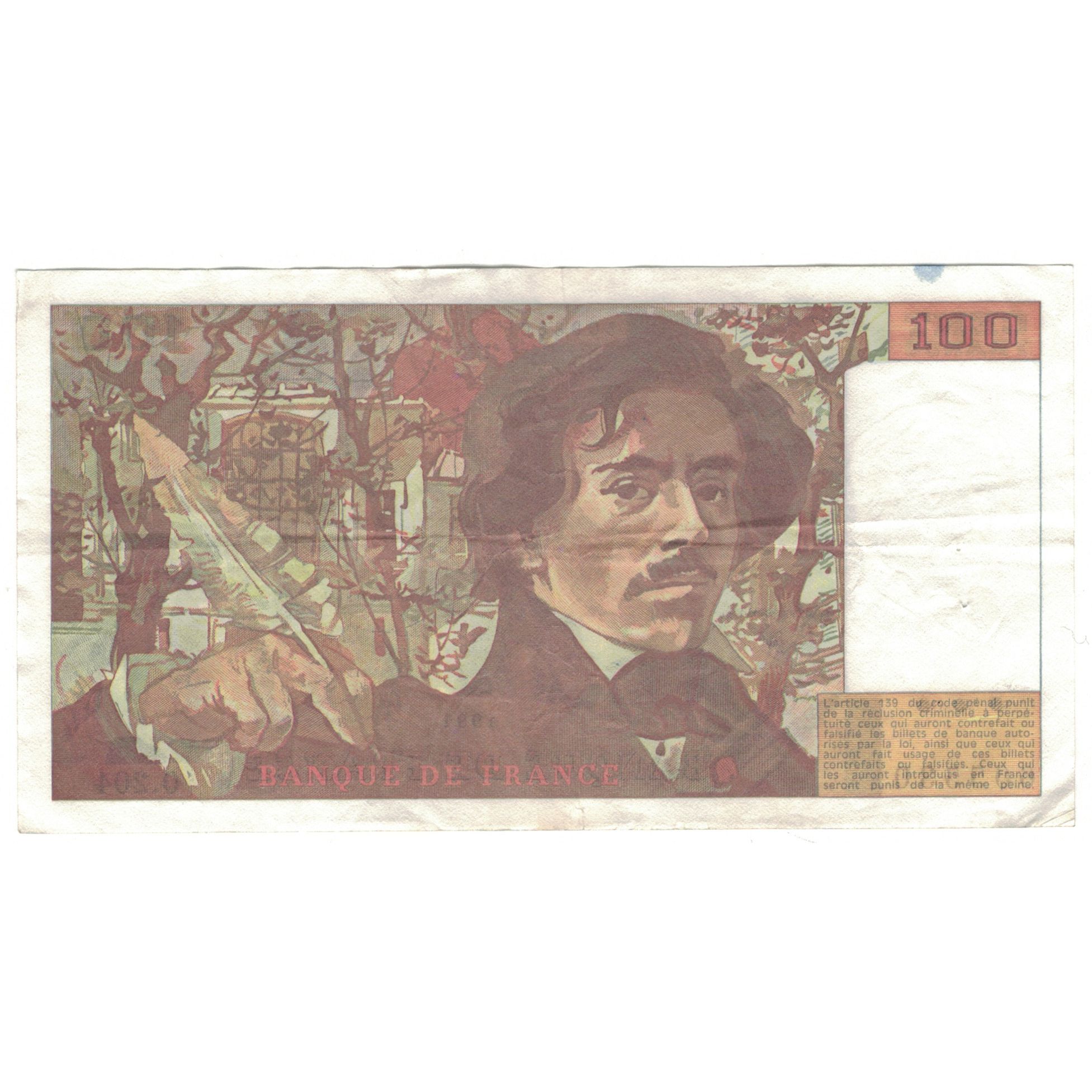France, 100 Francs, Delacroix, 1991, O.204, VF(30-35), Fayette:69bis.4b, KM:154e