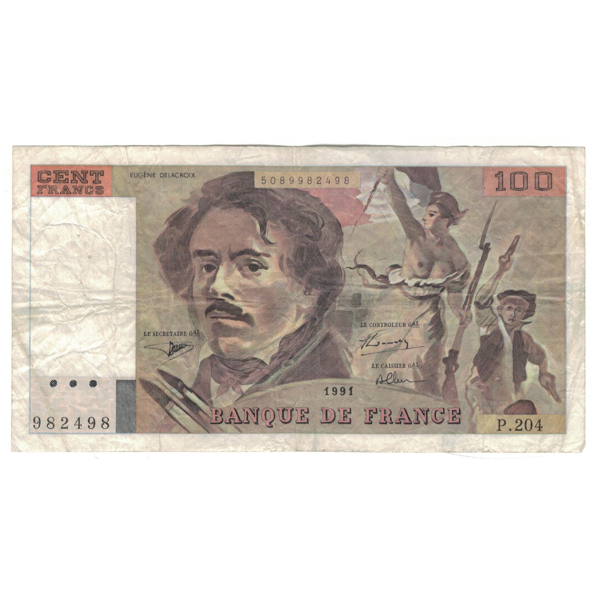 France, 100 Francs, Delacroix, 1991, P.204, VG(8-10), Fayette:69bis.4b, KM:154e