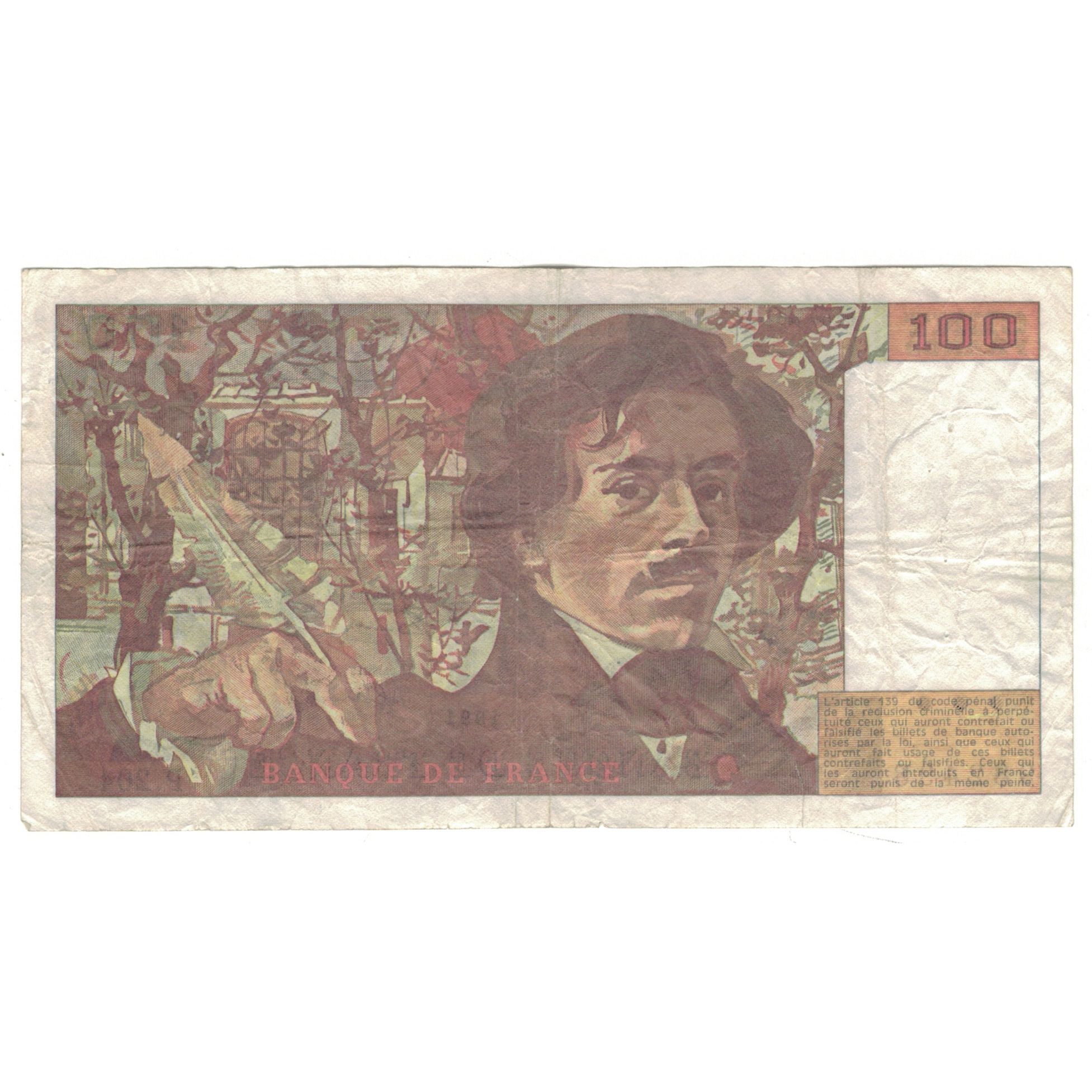 France, 100 Francs, Delacroix, 1991, P.204, VG(8-10), Fayette:69bis.4b, KM:154e