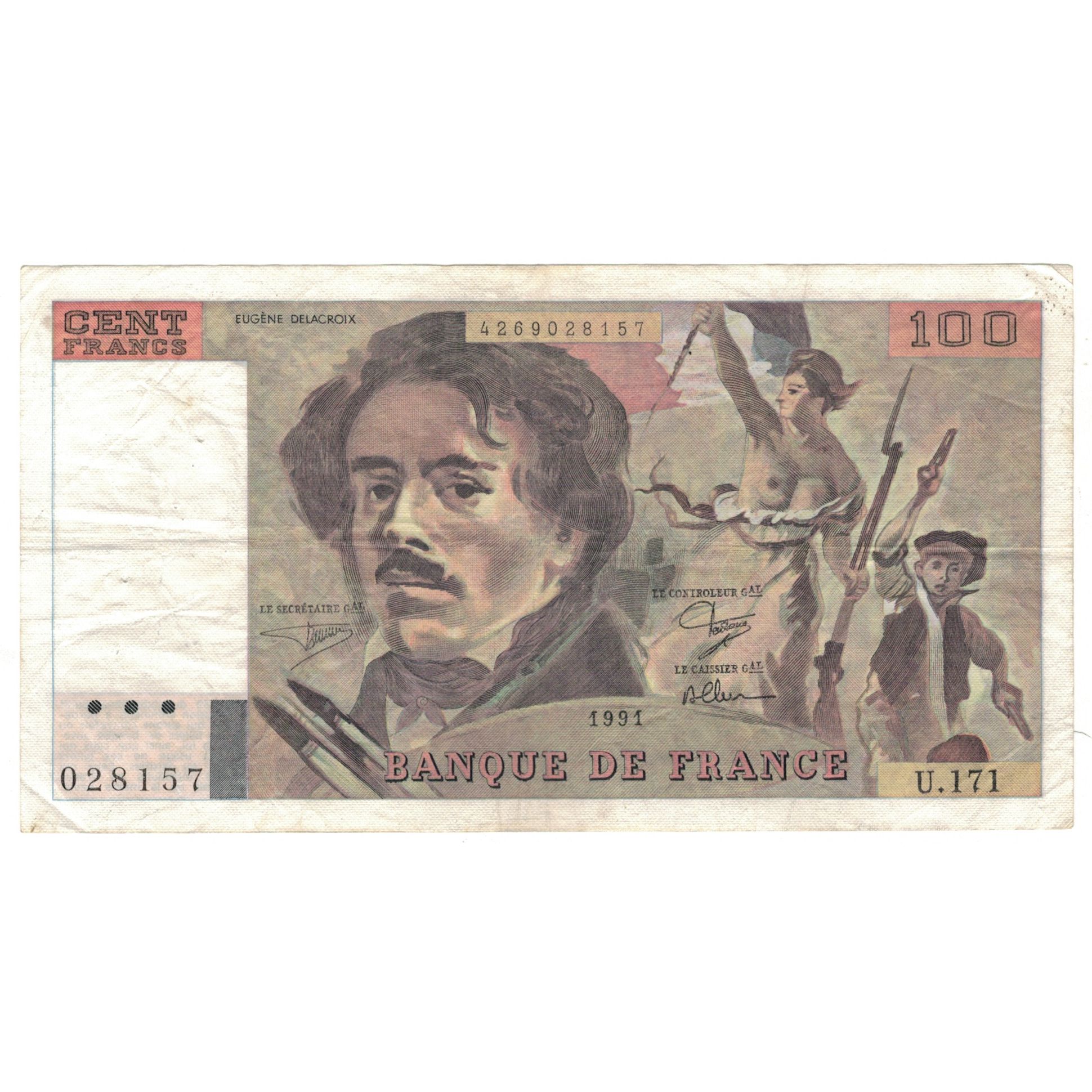 France, 100 Francs, Delacroix, 1991, U.171, VF(20-25), Fayette:69.BIS.03.A.2