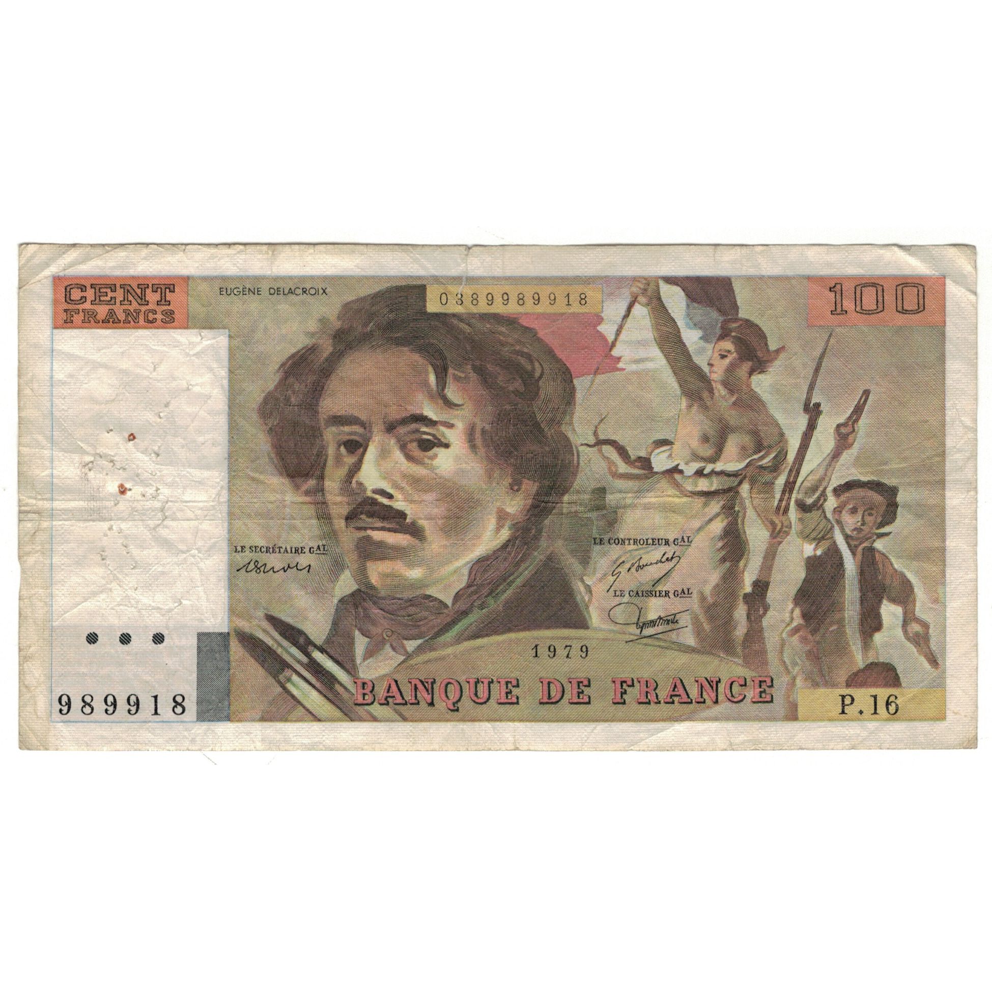 France, 100 Francs, Delacroix, 1979, P.16, VG(8-10), Fayette:69.02C, KM:154b