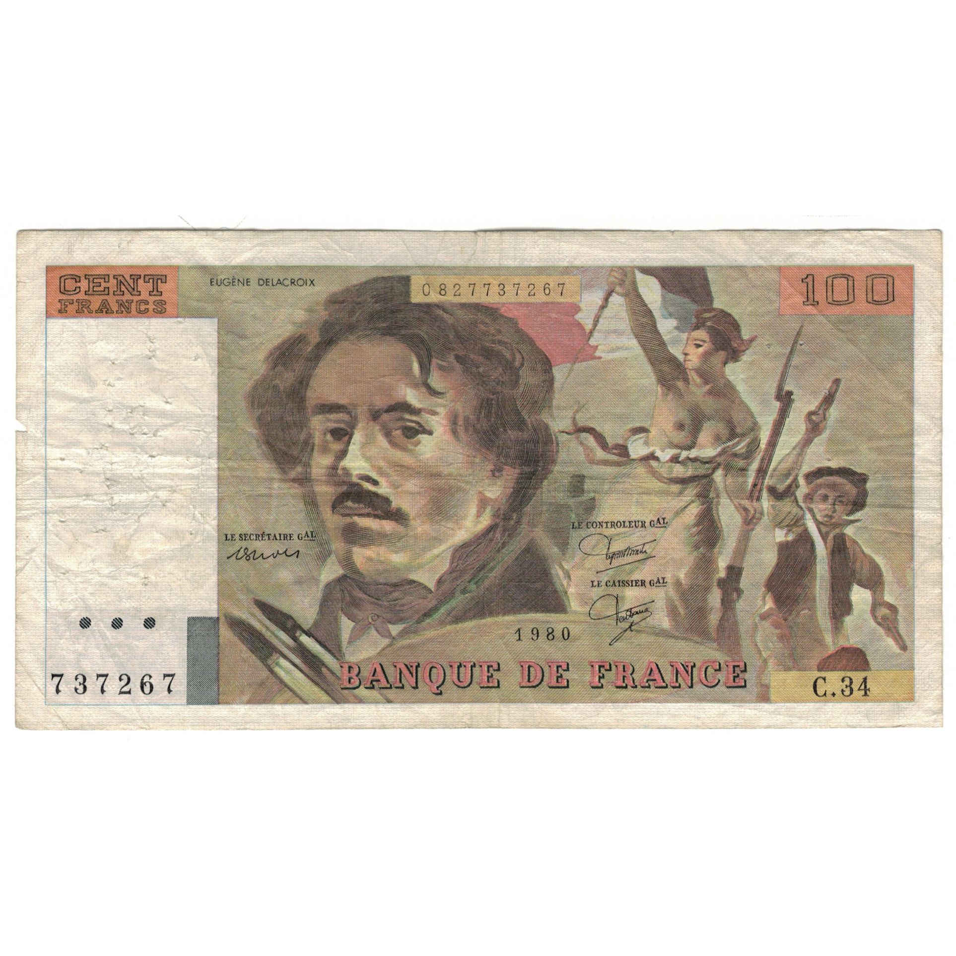 France, 100 Francs, Delacroix, 1980, C.34, VG(8-10), Fayette:69.4b, KM:154b
