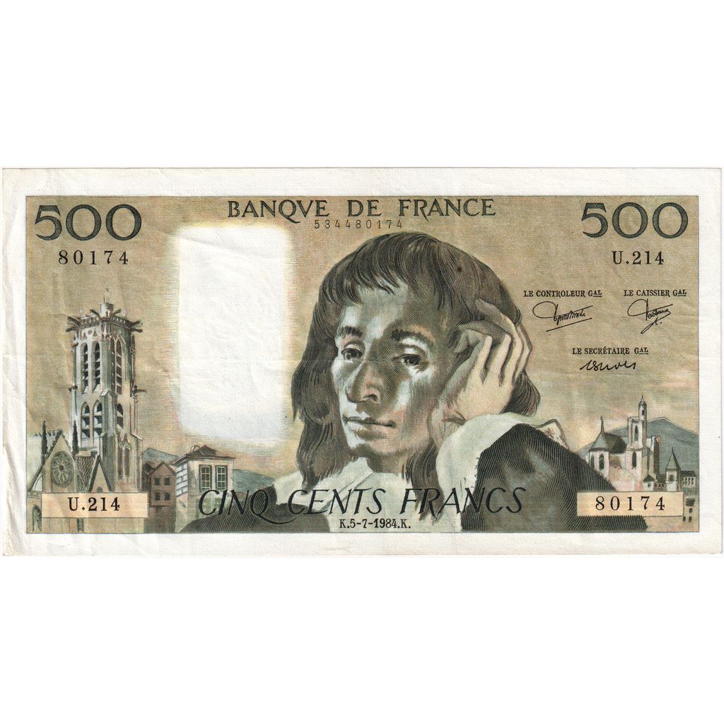 France, 500 Francs, Pascal, 1984-07-05, U.214, AU(50-53)
