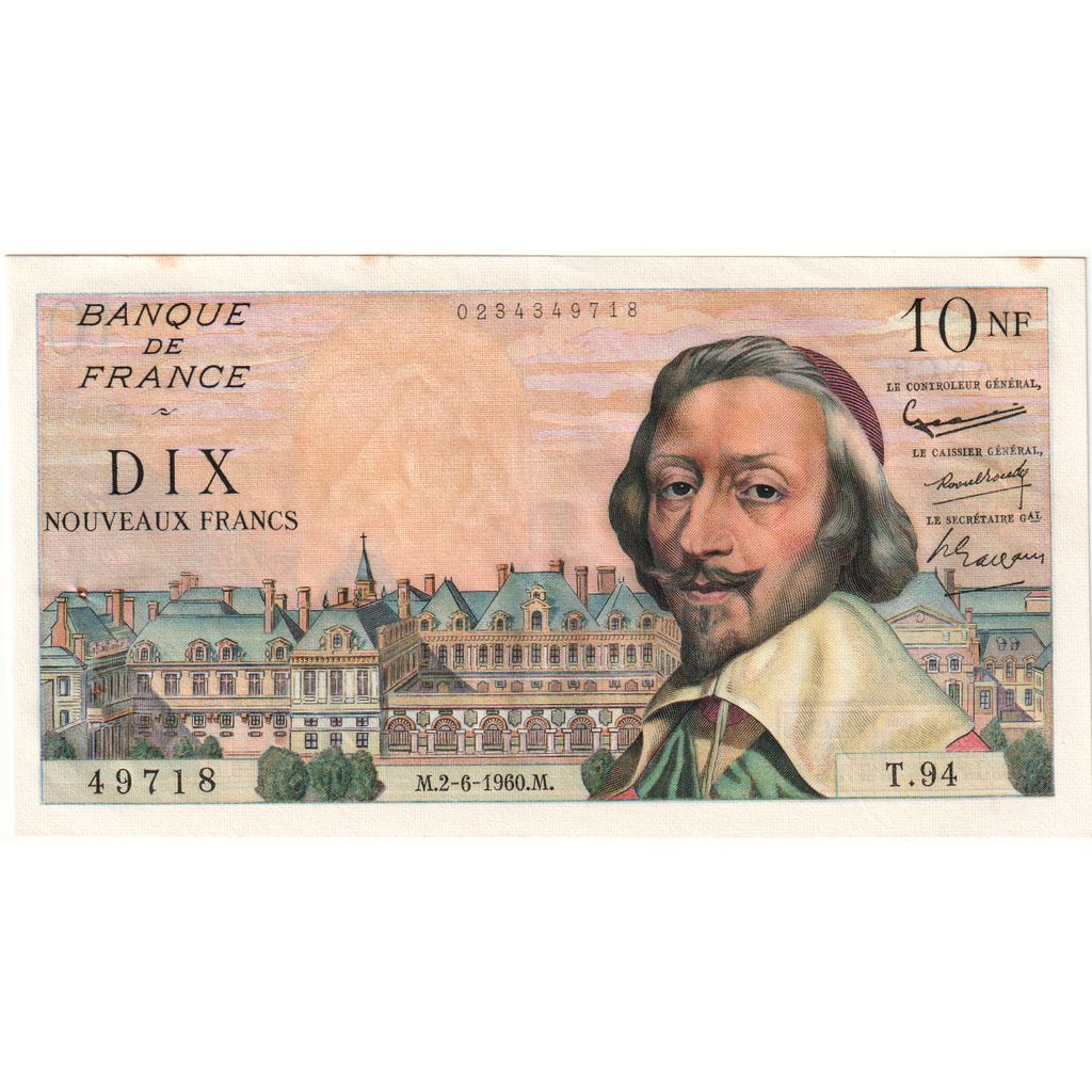 France, 10 Nouveaux Francs, Richelieu, 1960-08-04, T.94, AU(50-53)