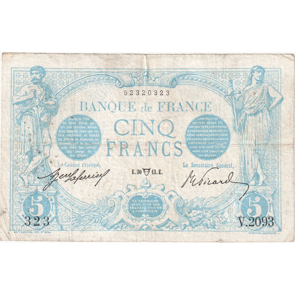 France, 5 Francs, Bleu, 1916-09-18, V.2093, VF(30-35)