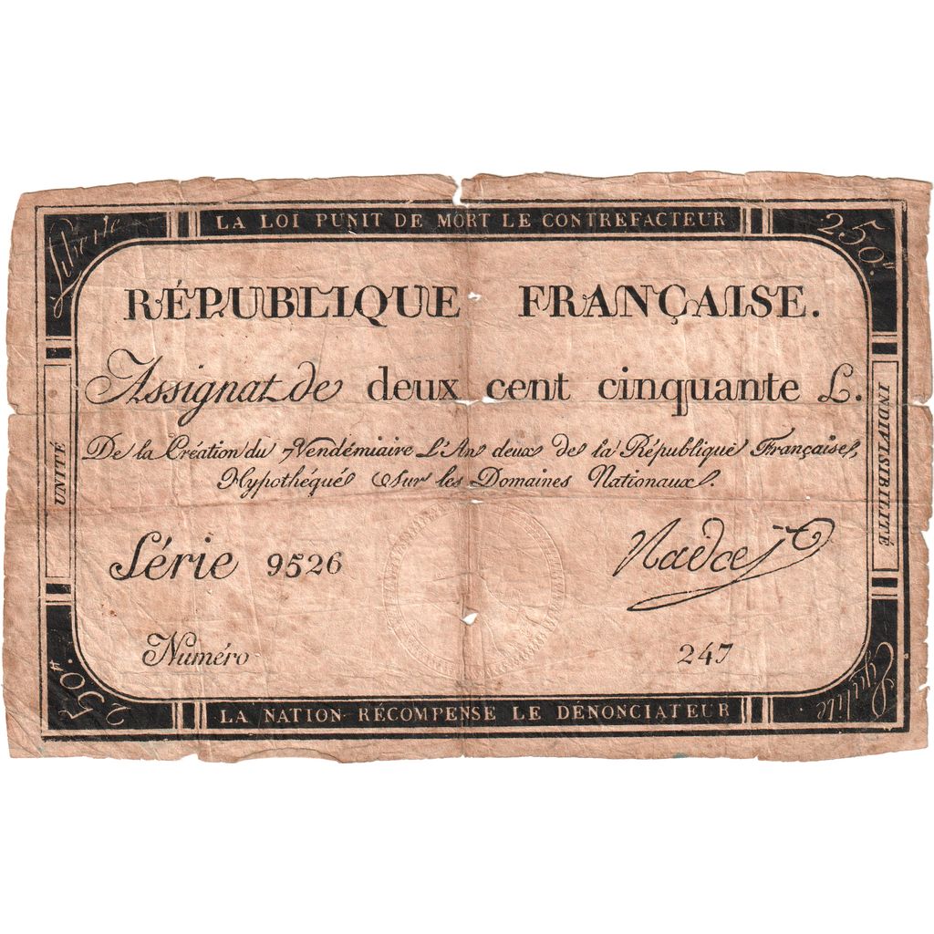 France, 250 Livres, 1793, Série 9526, VG(8-10)