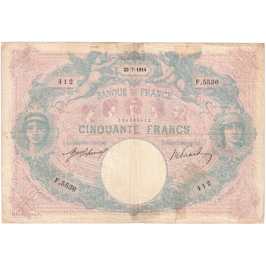 France, 50 Francs, Bleu et Rose, 1918-05-07, F.5536, VF(20-25)