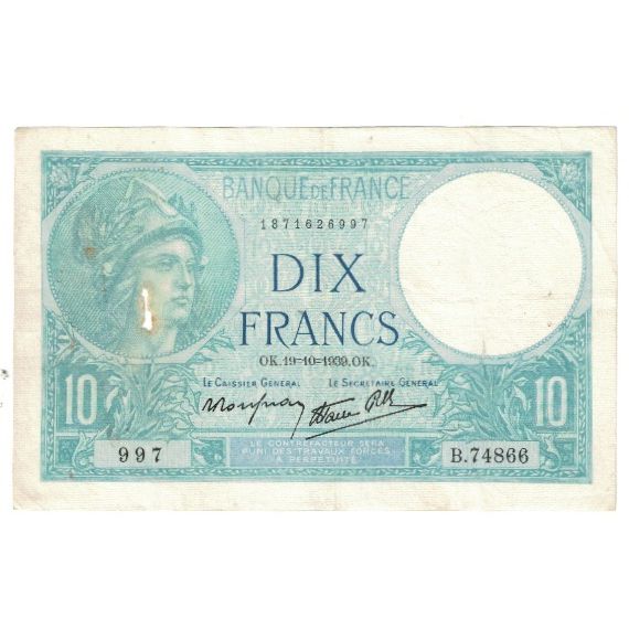 France, 10 Francs, Minerve, 1939, B.74866 997, EF(40-45), Fayette:07.12, KM:84